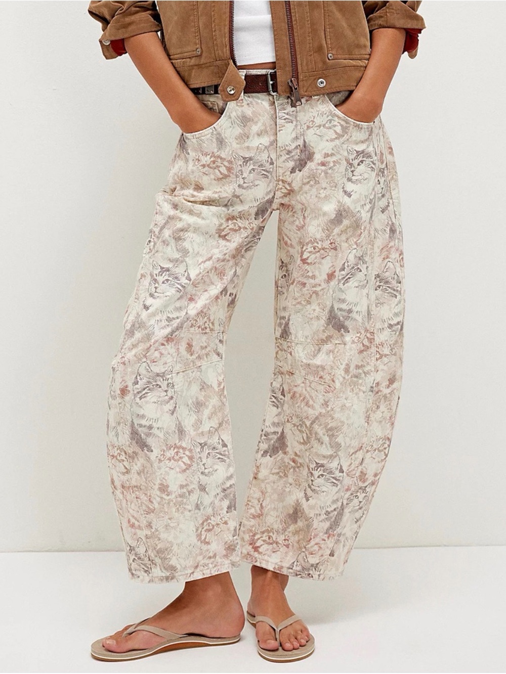 We The Free Good Luck Mid-Rise Barrel Jean Cat Print